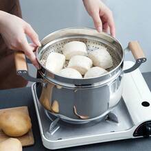 2-Tier 12.6 Inch/32cm Stainless Steel Steamer Set, Stainless Steel Stockpot Steamer With Lid, Wooden Handle Multi-Function Cooker, Suitable For Induction And Gas Stove, No Coating, Easy To Clean - View 9