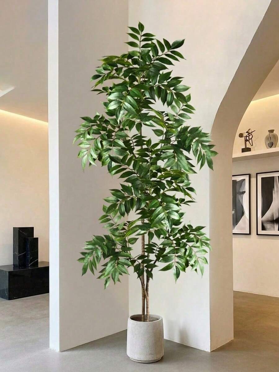 140cm Artificial Tropical Banyan Tree, Artificial Large Leaf Nandina Branch, Plastic Palm Tree, Plastic Lacquer Tree Plant; Tall Green Banyan Tree Plant, Suitable For Home Garden Office Decoration, Without Flower Pot, Random Delivery