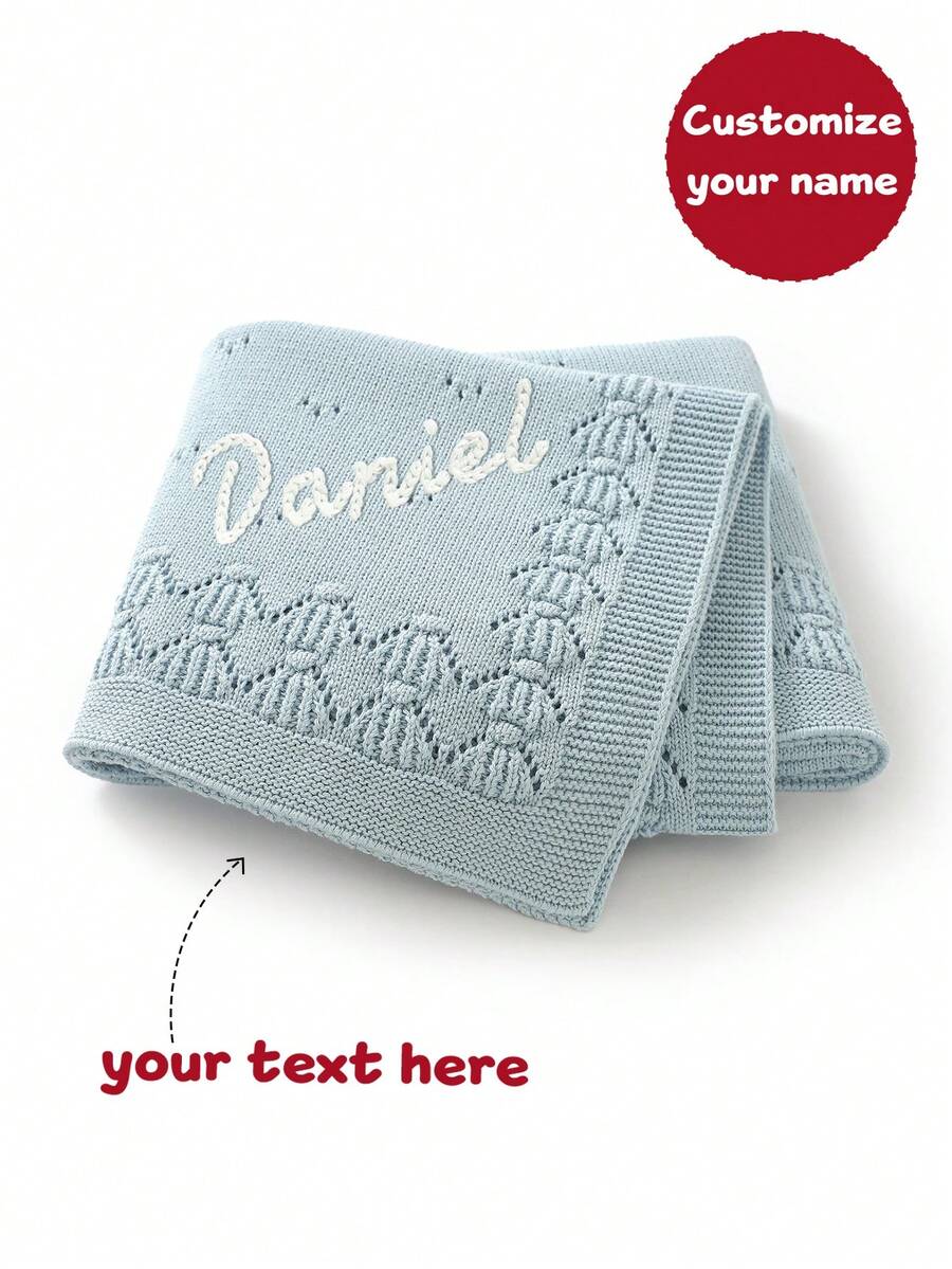 All-Season Baby Stroller Blanket, Hollow Jacquard Customized Embroidered Name Baby Swaddle Blanket, Newborn Baby Children Blanket - Light Blue - View 1