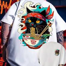 [Imágenes Frontales y Traseras]Camiseta casual de manga corta para hombre con estampado de ramen estilo japonés, adecuada para primavera y verano, ofrece un uso diario cómodo. - Negro - Ver 6