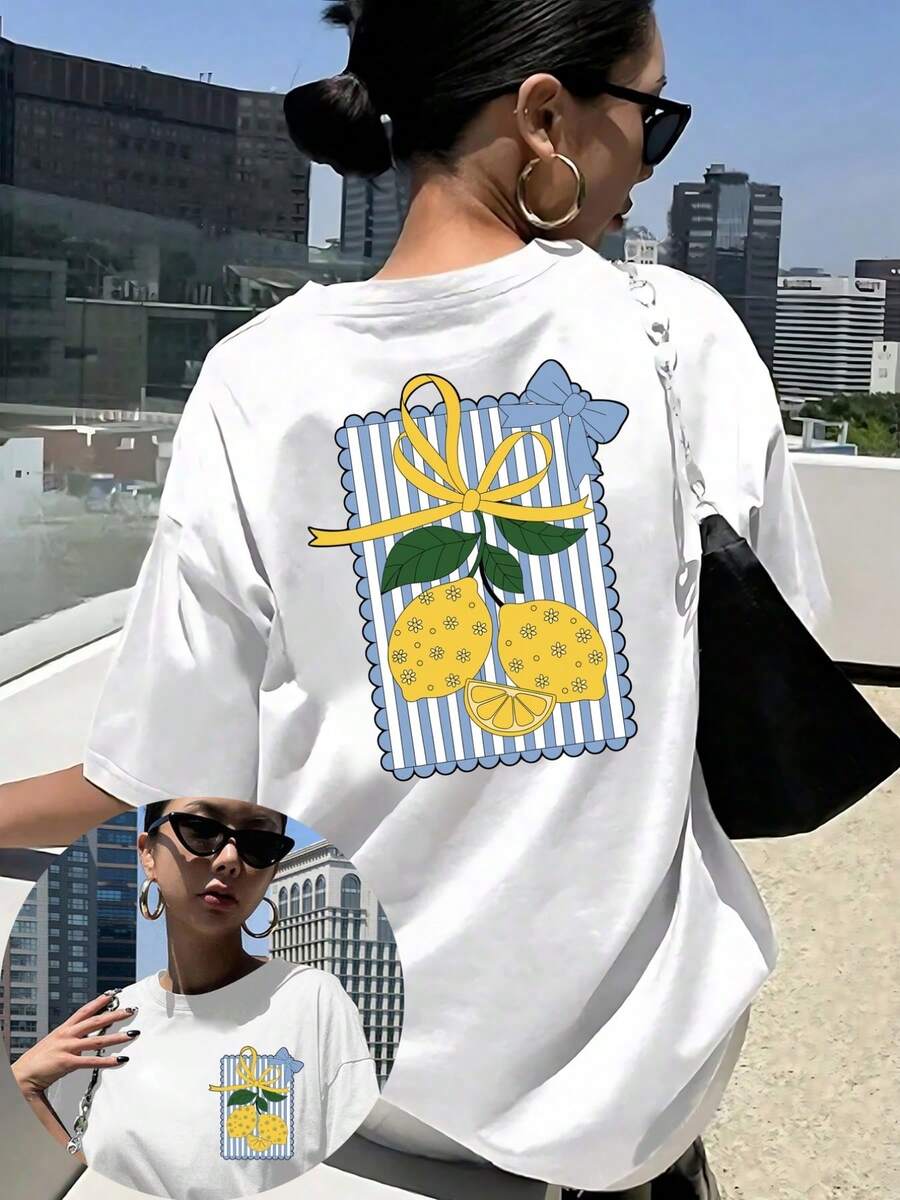 Vintage Women's T-Shirt With A Round Neck And Lemon Print On Both Sides. Fresh Summer Design, Comfortable Fit, Classic And Casual Style. - White - View 1