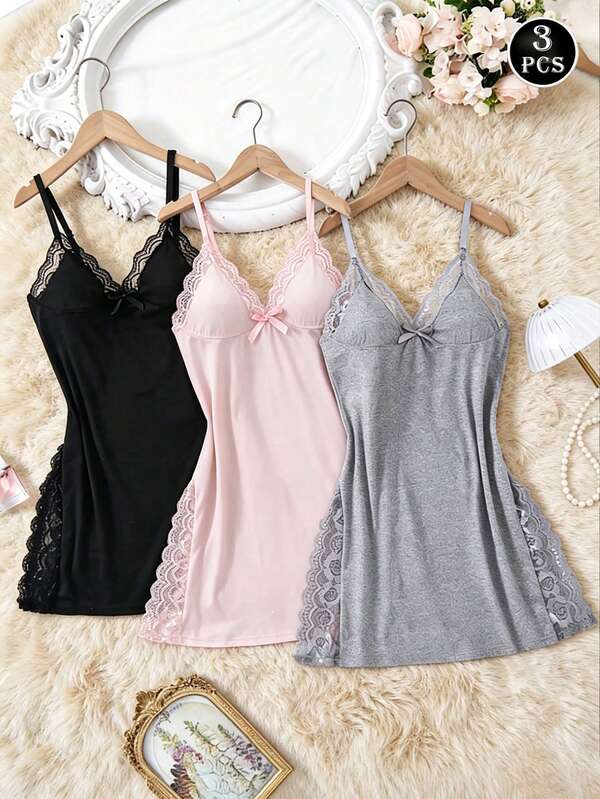 Conjunto de pijama de encaje de 3 piezas para mujer, diseño transparente con abertura lateral, elegante y suave ropa de dormir para el hogar.