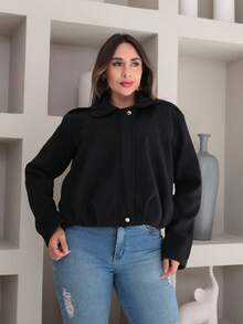 Vitoria Casaco feminina la batida jaqueta com ziper manga longo outono inverno - Preto - Visão 8