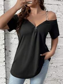 Women's Plus Size Plain Off-Shoulder Top - Black - View 2
