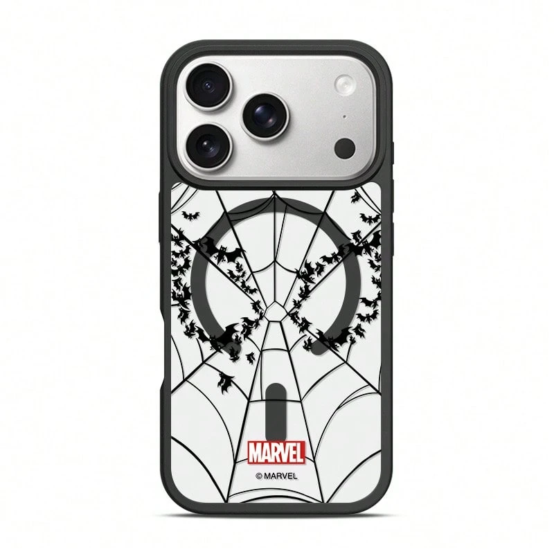 Miniso Marvel Spider-Man Personalized Creative Spider Web Design, MagSafe Magnetic Charging, Compatible With IPhone 17 Pro Max/16 Pro/15/16 Plus/14/13/17 Air/17 Pro/15 Pro Max/12 Pro, Men's Drop-Proof Protective Case, Compatible With Apple. - Black - View 1