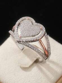 Anillo de mujer con forma de corazón, elegante y lujoso, con circonita cúbica brillante, perfecto para joyería de compromiso y regalo ideal para vacaciones - Plateado - Ver 7