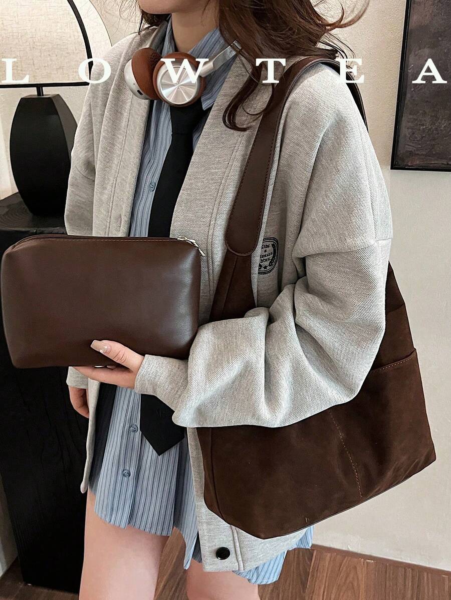low tea 2 件女士绒面革托特包，复古休闲大容量单肩包，带多个口袋，磁扣，可调节肩带，适合少女、大学生、通勤者、办公室、旅行，绒面革钱包，复古风格女士复古包，新款秋冬女包，最佳秋季钱包，最新时尚女士绒面革包，完美搭配秋季服装女士秋季服装