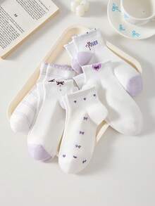 5 Pairs Women Cute Bow Pattern Short Socks Ankle Socks Casual Lace Ruffled Socks, Soft, Breathable, Suitable For All Seasons, Random Colors - Multicolor - View 10