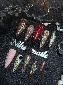10入組手工全覆蓋尖形穿戴式假指甲，粉色&紅色&酒紅&奶白色，3D蝴蝶&花朵&金色裝飾，四種尺寸可選，Y2K奢華復古風，適合派對&日常，附果凍膠與指甲銼條 - 彩色 - 查看 3