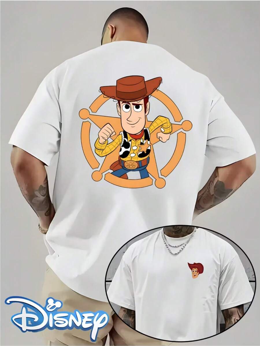 Authorized By Disney, Toy Story Sheriff Woody's Theme Print, Men's Short-Sleeved T-Shirt, Round Neck Design, Machine Washable, Men's T-Shirt. - 白色 - 查看 1