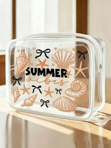 1個「Summer」字母印花PVC防水海灘包，附貝殼與海星裝飾，PVC化妝包，PVC拉鍊旅行收納包，輕量耐褪色化妝盥洗包，適合男女使用，TSA認證便攜式化妝盒，易清潔設計，適合母親、教師、朋友、護士化妝包，學校、度假、返校用品盥洗包，母親節禮物，旅行必備，夏季必備 - 彩色 - 查看 2