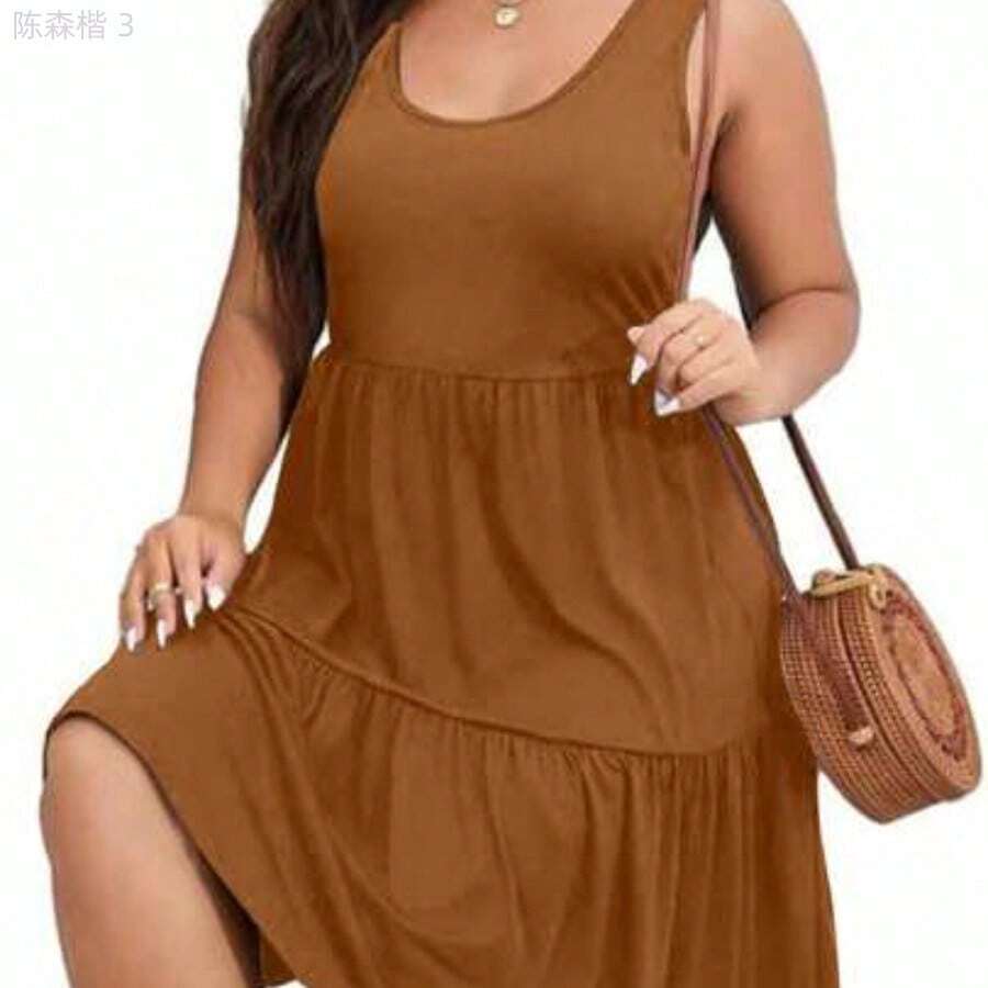 yonghongmaoyi1  Vestido de talla grande con cuello redondo, sin mangas y volantes en la espalda - Café integral - Ver 1