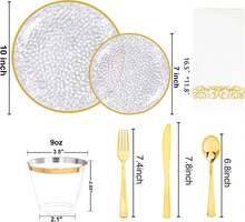350pcs Elegant Hammered Clear Disposable Dinnerware Set Includes Plates Cutlery Cups Napkins For Parties And Weddings - Clear Gold - View 2