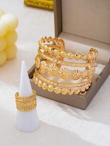 European And American Style 2pcs/Set Bohemian Pattern Bracelet And Ring Set, Versatile Daily Commute Party Women's Layered Jewelry Accessories - Yellow Gold - View 5