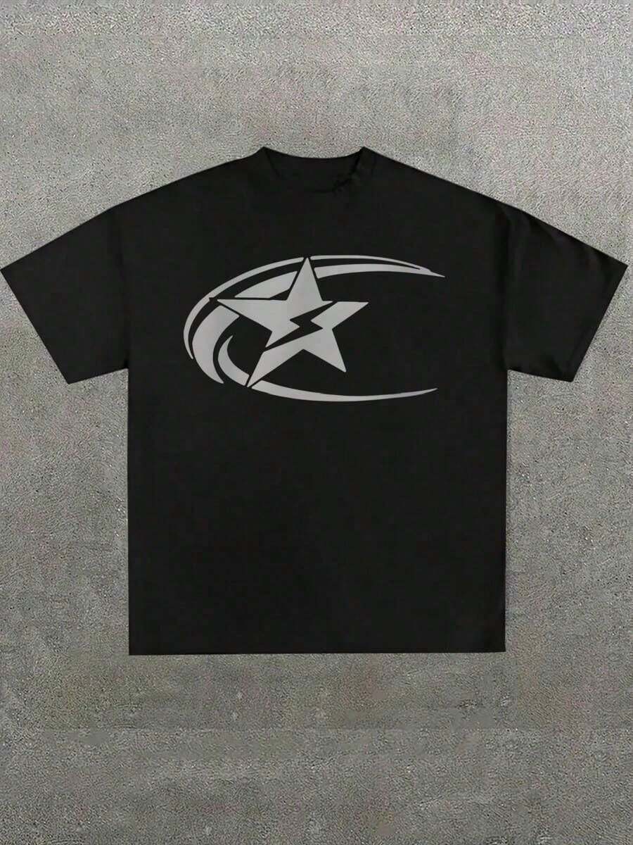 New Hot Selling Men's Plus Size Star Print T-Shirt Y2k (1 Piece) 100% Cotton, Casual Printed T-Shirt, Crew Neck, Short Sleeve, 220g Cotton T-Shirt, For Reg - 黑色 - 查看 1