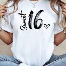 Camiseta de Mujer con Temática de Quinceañera, Decoración con Lema de Amor, Manga Corta Casual, Estilo Simple en Blanco y Negro para Fiesta de Cumpleaños de 16 Años - negro - Ver 2