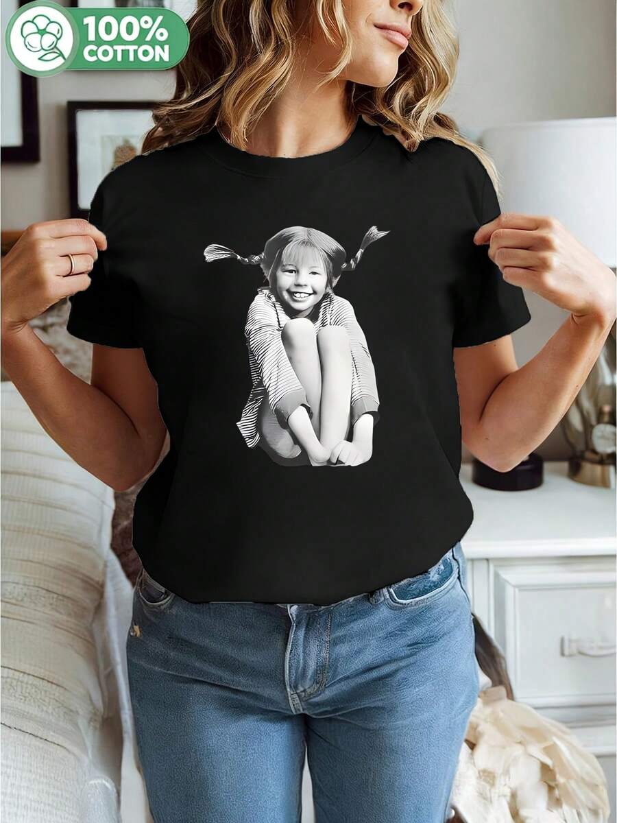 Women's Short-Sleeved T-Shirt, Casual Summer Short-Sleeved T-Shirt, Printed T-Shirt With A Girl's Portrait, Ideal For Everyday Wear And Outings. - 黑色 - 查看 1
