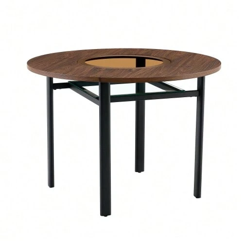 Modern And Minimalist Round Dining Table, 100 Cm In Diameter, Black Veined Wood Top, Suitable For 2-4 People (With Grey Glass Insert And Metal Stability Frame). - Brown - View 1