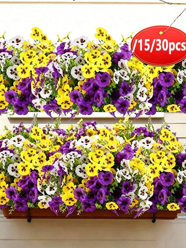 1/15/30pcs Artificial Tricolor Pansies And Daisies, Holiday Decorative Flowers, Suitable For Outdoor Yard Decoration, Spring And Summer Scene Arrangement, Can Be Used For Indoor And Outdoor Decoration, Light Luxury Home, Office, Hotel, Home Decor, Wedding Decoration, Seasonal Festivals And Outdoor Holiday Decoration, Purple-Red Tricolor Pansies And Daisies Artificial Wildflowers, Suitable For Outdoor Scenes, With UV-Resistant Properties, Can Be Placed In Outdoor Flower Boxes, Yards, Balconies, Home Spaces, Also Suitable For Wedding, Office, Bedroom, Living Room Arrangement, And Valentine's Day, Birthday And Other Occasion Decoration