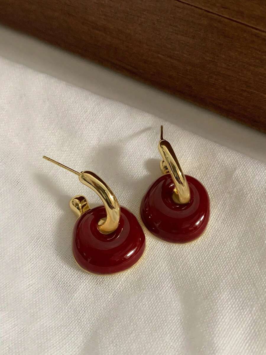 1 Pair French Elegant Enamel Geometric Metal Drop Earrings, Suitable For Women's Daily, Party, Vacation Wear - Burgundy - View 1