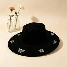 Elegant  Felt Hat With Sparkly Rhinestone Butterfly  Flower Details For Daily  Vacation Outfits - negro - Ver 6