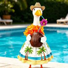 Porch Goose Hawaii Outfit Coconut Tree Print Dress Straw Hat Flower Lei Coconut 4-Piece Set For 23 Inch Goose - White - View 4