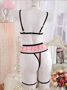 3 Pcs Women's Lingerie Set Tri-Cup Bra Adjustable Straps & Thong & Garter Belt-Cute Comfortable Lace Underwear Set Home - Pink - View 4