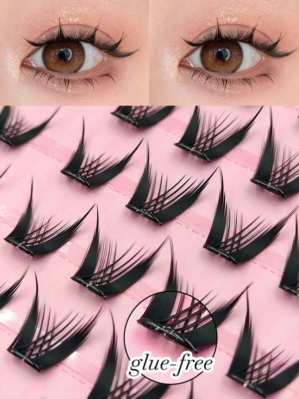 80pcs C Curl Glue-Free Manga Pointed Faux Mink Self-Adhesive False Eyelashes, Cluster Lashes For Anime Lash Extensions, Reusable Daily Makeup Big Eye Lashes, No Glue Needed