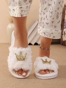 Pantuflas de casa estilo princesa con diseño de corona, abiertas de punta, de felpa, cálidas y cómodas, sandalias tipo slide de piel sintética para mujer - Dorado - Ver 9