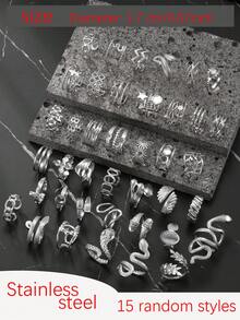 5/10/15/20/40/60pcs Set Stainless Steel Open Ring Assorted Styles Random Box, Including Snake Ring, Geometric Pattern Ring, Star Ring, Cross Ring, Essential For New Year, Valentine's Day Gift, Everyday Wear - Silver - View 15