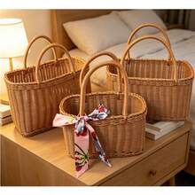 Large Rectangular Woven Shopping Basket, Portable Faux Rattan Basket With Handle, Suitable For Farm Produce, Harvest, Picnic, Blanket Storage, Vegetables, Fruits, Kitchen Storage Basket - View 3