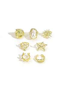 7PCS Summer Vacation Style Rings, Gold Starfish Shell Sun Shaped Rings, Fashionable Versatile Faux Pearl Layered Ring Set For Women - Gold - View 6