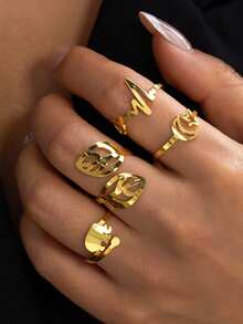 4pcs Stainless Steel Personalized Line Leaf Star Moon Ring Set, Suitable For Casual Party Wear - Gold - View 3