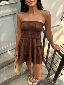 Vestido de verano sin tirantes corto de unicolor con pliegues multicapa - Marrón - Ver 3