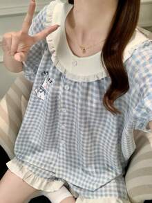 2件組女款睡衣家居服套裝，時尚動物印花開襟短袖荷葉邊設計短褲，休閒簡約，適合春夏，居家舒適 - 藍白色 - 查看 6