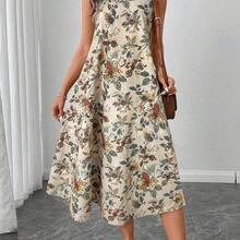 LUNE Vestido midi casual y elegante de cuello redondo, sin mangas, con bajo acampanado y estampado floral retro - Multicolor - Ver 10