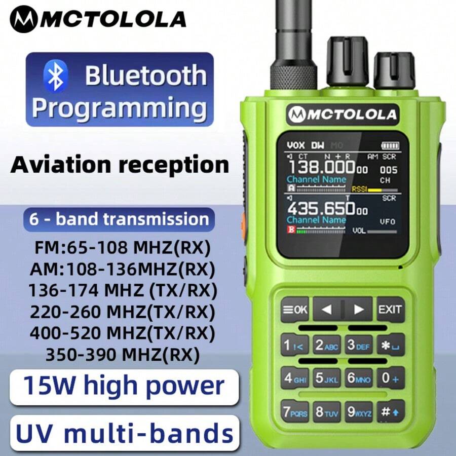 MMCTOLOLA 1件 綠色 15W 多波段藍牙可編程一鍵頻率寫入功能 降噪清晰音質 便攜式 AM/FM 業餘無線電手持對講機 6000mAh 雙向無線電 適合戶外露營 徒步 探險 旅行 - 綠色 - 查看 1