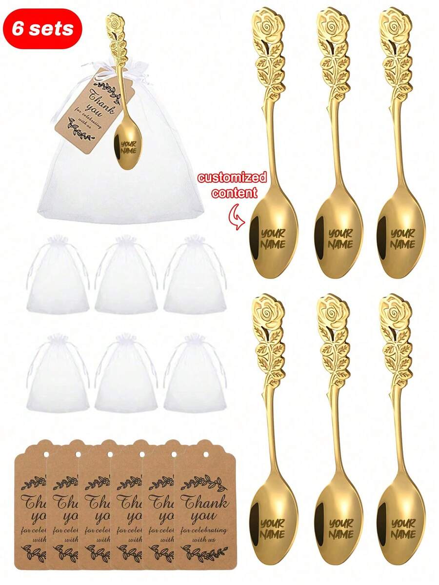 Customize 6 Sets Of Rose Tea Spoon Gift Sets, Including Cards, Spoons, And Gauze Bags, Hotel Wedding Desktop Gifts, Suitable For Restaurants, Weddings, Birthdays, And Graduation Parties - Multicolor - View 1
