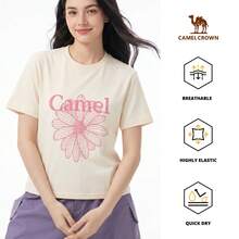 CAMEL CROWN 户外运动雏菊印花短袖T恤，夏季纯棉宽松休闲圆领上衣 - 暖白 - 查看 9