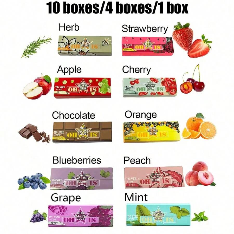 10 Hộp/4 Hộp/1 Hộp Giấy cuốn hương trái cây (Mỗi hộp chứa 50 tờ giấy cuốn và 50 đầu lọc) 10 hương trái cây Giấy cuốn thủ công dài 78mm, Giấy cuốn cháy chậm, Phụ kiện hút thuốc, Kỹ thuật mới, Hương thơm kéo dài hơn Quà tặng lý tưởng cho tiệc Năm mới, Ngày lễ Tình nhân cho người hút thuốc - Hương thơm nhẹ, những người thích hương thơm mạnh không nên mua