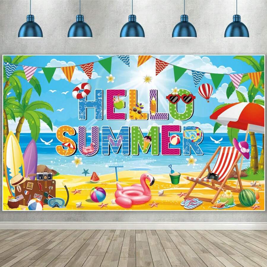 1件夏季派對裝飾，Hello Summer海灘派對背景布，彩色海灘場景攝影背景，適用於夏威夷泳池海灘派對裝飾 - 查看 1