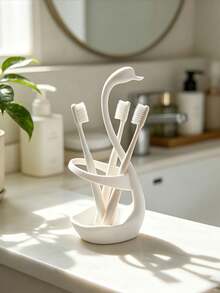 1pc Creative Swan-Shaped Plastic Toothbrush Holder, Minimalist Versatile Design, Hollow Design For Drainage And Breathability To Prevent Water Accumulation, Can Store Toothbrushes, Toothpaste, Small Items, Keeps Bathroom Countertop Neat And Organized, Both A Practical Storage Rack And An Exquisite Desktop Decoration - Multicolor - View 2