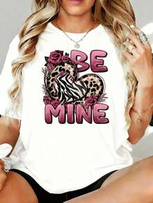 Women's "Be Mine Valentine" Heart And Leopard Print T-Shirt, 180g Casual Top For Home, Outdoors, Valentine's Day Gift - 白色 - 查看 1