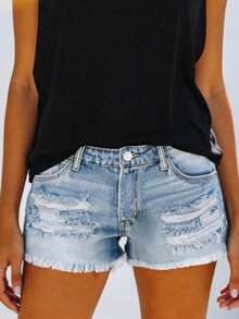 Fashionable Casual Vacation Style Washed Frayed Distressed Loose Women Denim Shorts Summer - Light Wash - View 6