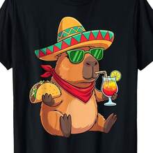 Camiseta de Carnaval Mexicano con Gorro de Capibara |   Estilo vintage, cuello redondo, tela ligeramente elástica, corte regular, adecuado para adultos, apto para todas las estaciones. - Negro - Ver 2
