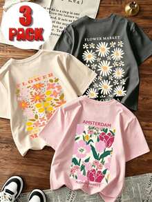 Young Girl 3pcs Casual Fun Print Crew Neck Pullover Short Sleeve T-Shirt Summer Top - Pink - View 1