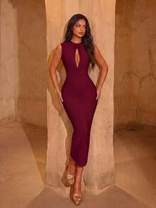 ADYCE Elegantes ärmelloses Partykleid mit Rundhalsausschnitt, hoher Taille, Rückenschlitz, engem Oberteil und mittlerer Länge für Abschlussball, Abendveranstaltung, Date, Homecoming-Party, Hochzeit und Weihnachten - Bordeaux - Übersicht 3