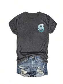 Sea Print Round Neck T-Shirt, Casual Vacation Women's Short Sleeve Top, Women's Clothing, Retro Loose-Fit T-Shirt - 白色 - 查看 9