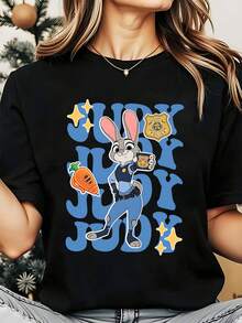 Disney Judy Hopps Zootopia  Bunny Carrot Women's Round Neck Shirt Summer Casual Women Clothes - 黑色 - 查看 1