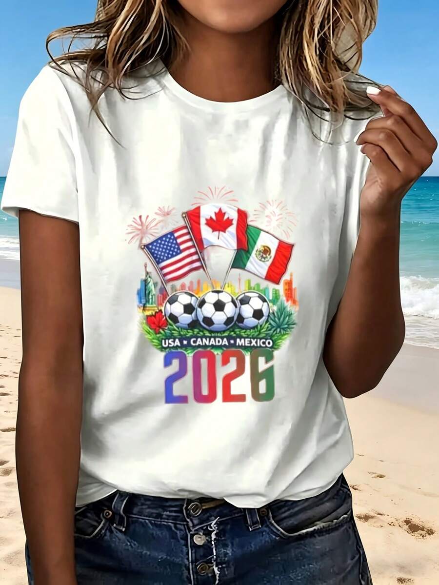 2026 Usa Canada Mexico World Cup Soccer T Shirt White Women Casual Summer Beach Wear Fashion Design Sporty Look Perfect Gift For Football Fans Outdoor Leisure Activity Style - 白色 - 查看 1